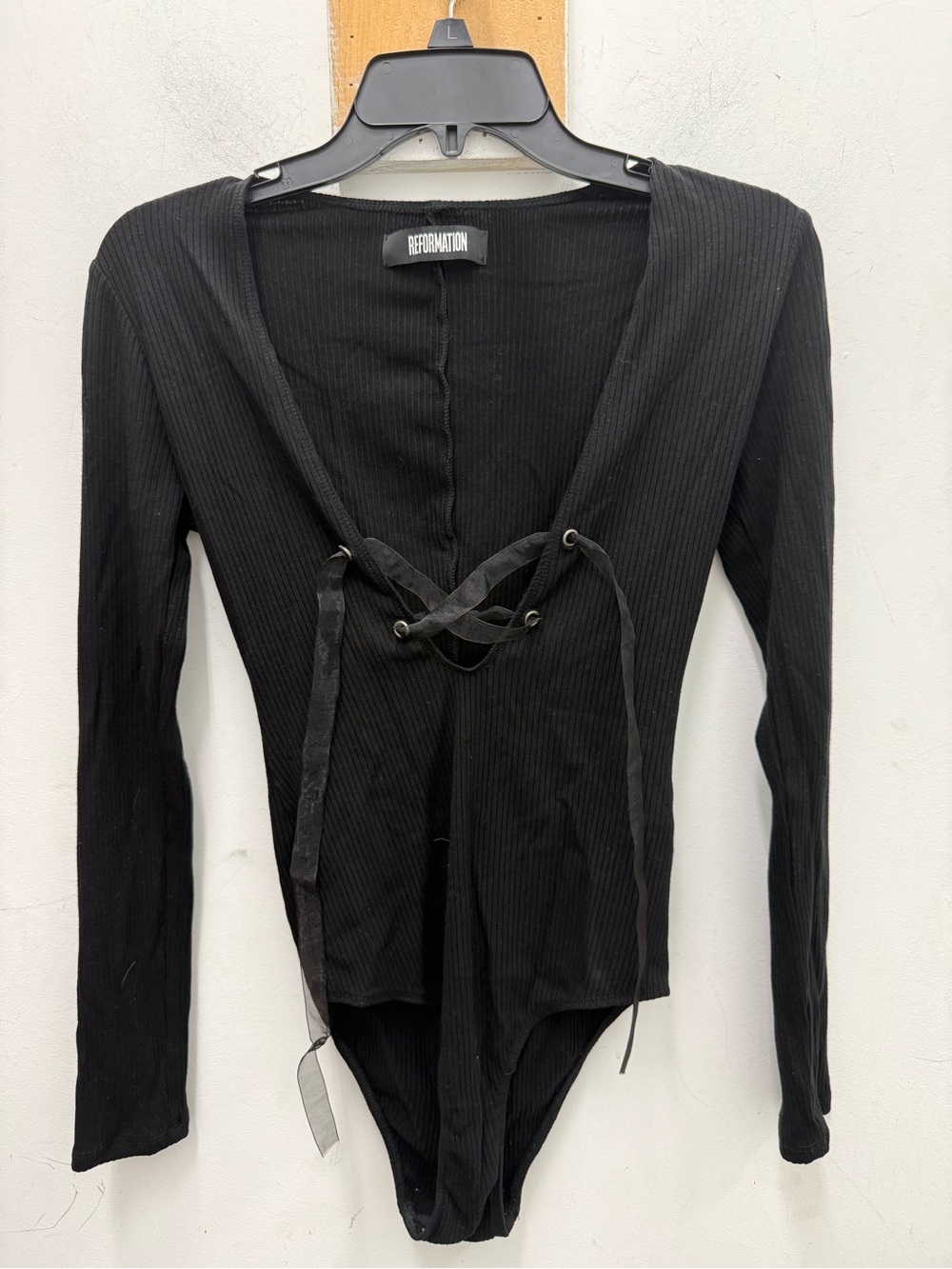 Reformation Ribbed Laced Up Black Bodysuit Sz S